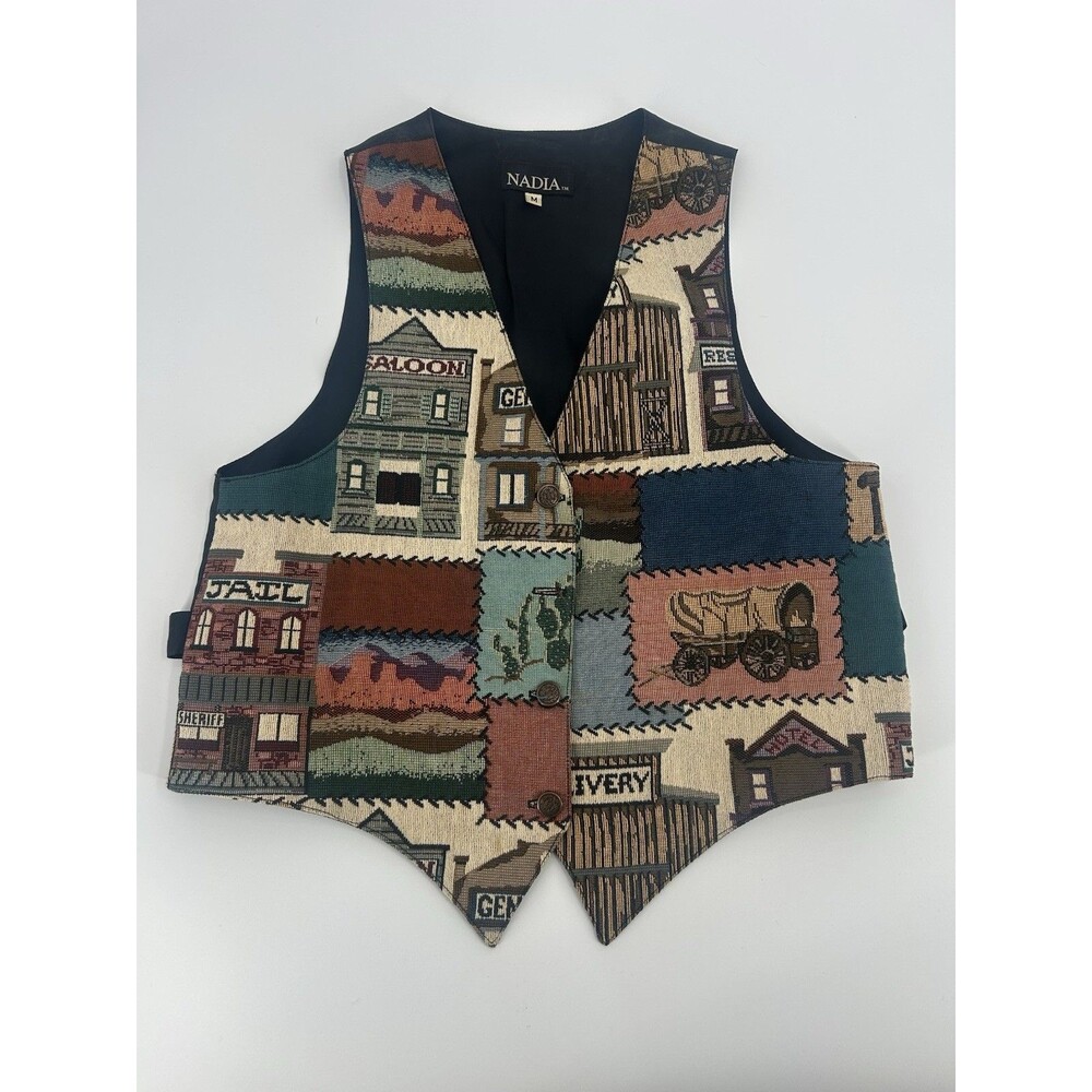 Vtg Nadia Tapestry Vest Western Town Dessert Aztec Womens Medium Button Up USA